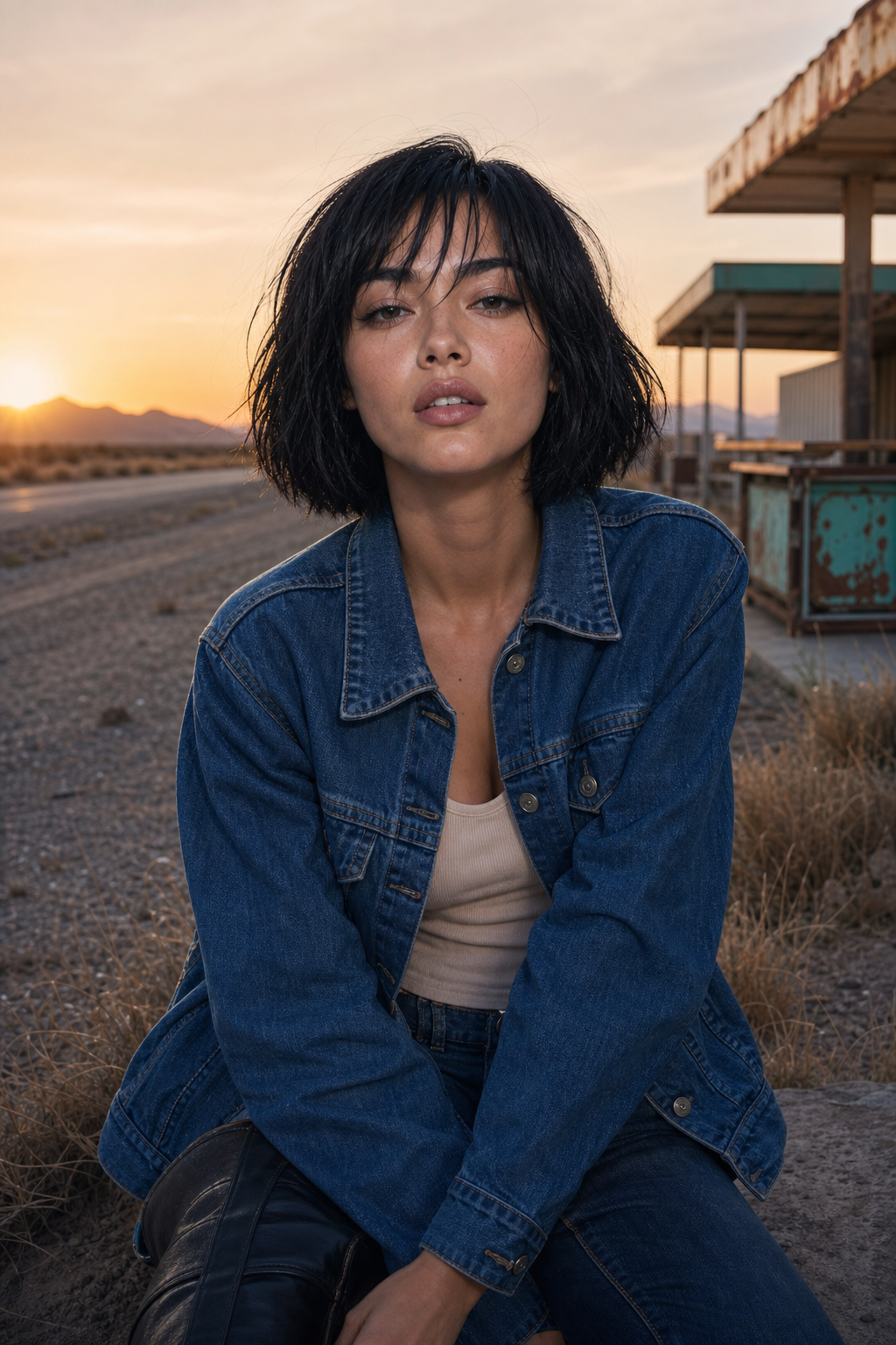 Aria at a West Texas roadside at sunset