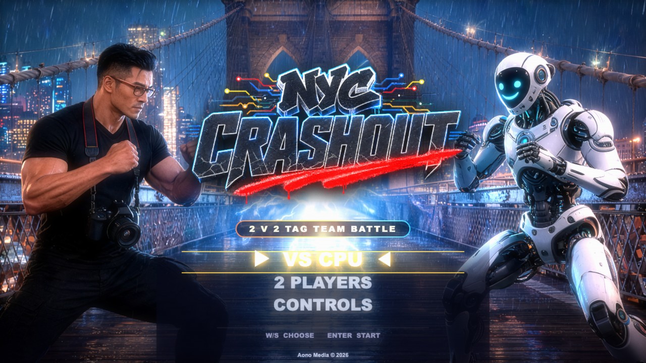 NYC Crashout title screen over a rain-soaked Brooklyn Bridge, two fighters faced off beneath the wordmark.